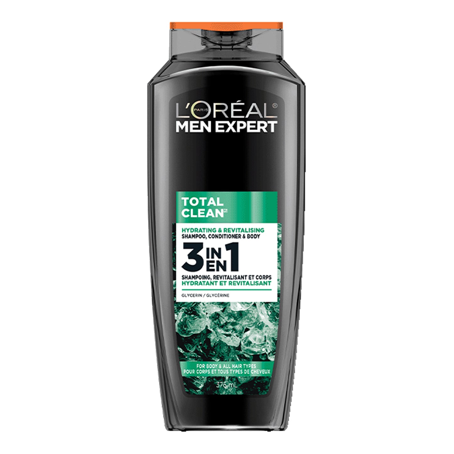 L'Oreal Paris Men Expert - Total Clean Hydrating & Revitalizing 3 In 1 Shampoo, Conditioner & Body Wash With Glycerin For Body & All Hair Types - 375ml (USA)