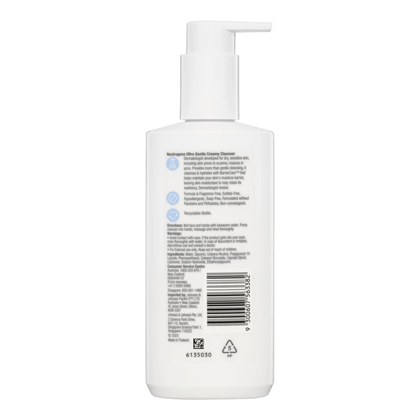 Neutrogena - Ultra Gentle Fragrance-Free Creamy Cleanser With Barrier Care & 10% Glycerin For Sensitive Skin - 200ml (Thailand)