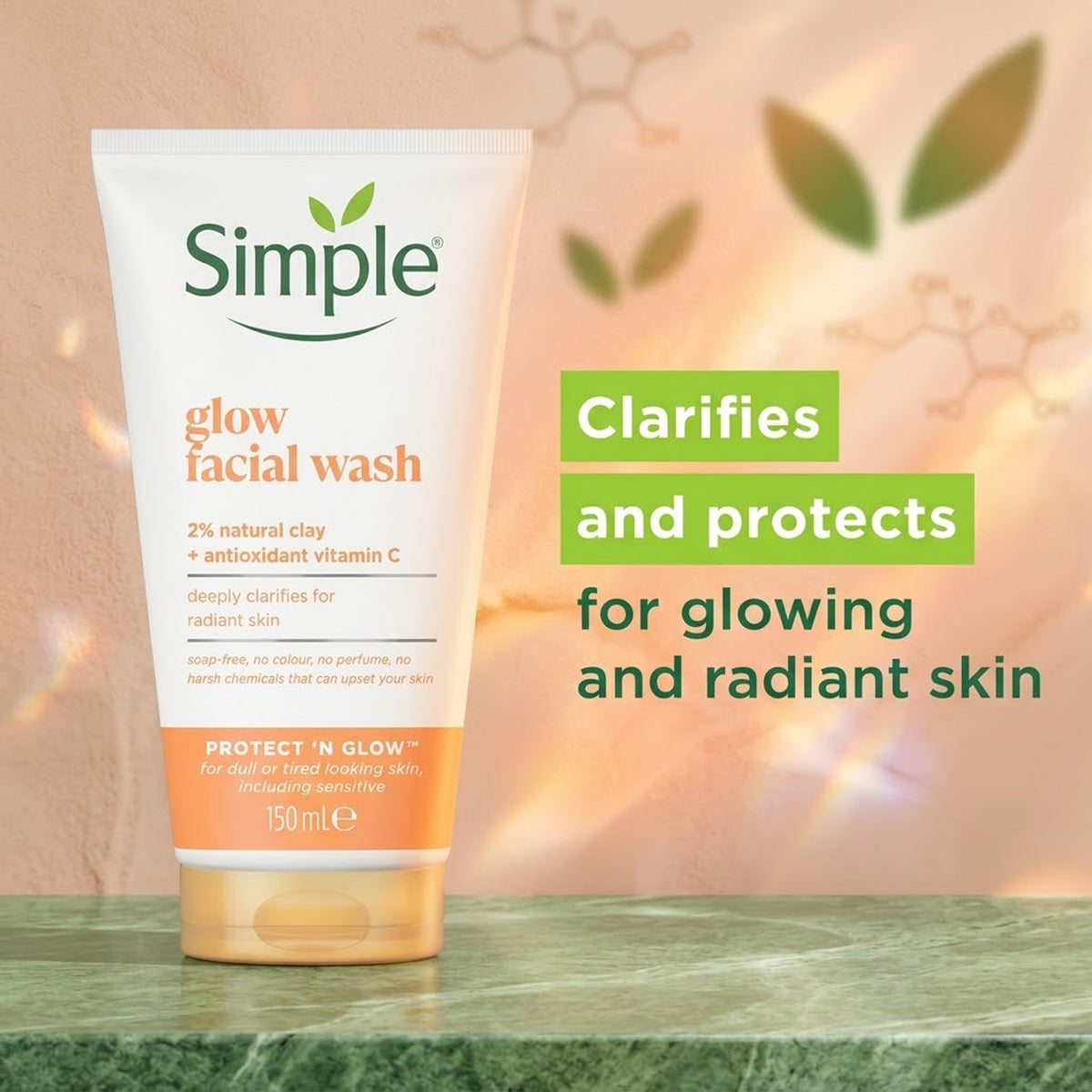 Simple - Protect 'N' Glow Glow Facial Wash With 2% Natural Clay + Antioxidant Vitamin C For Dull Or Tired Looking Skin, Including Sensitive - 150ml (Poland)
