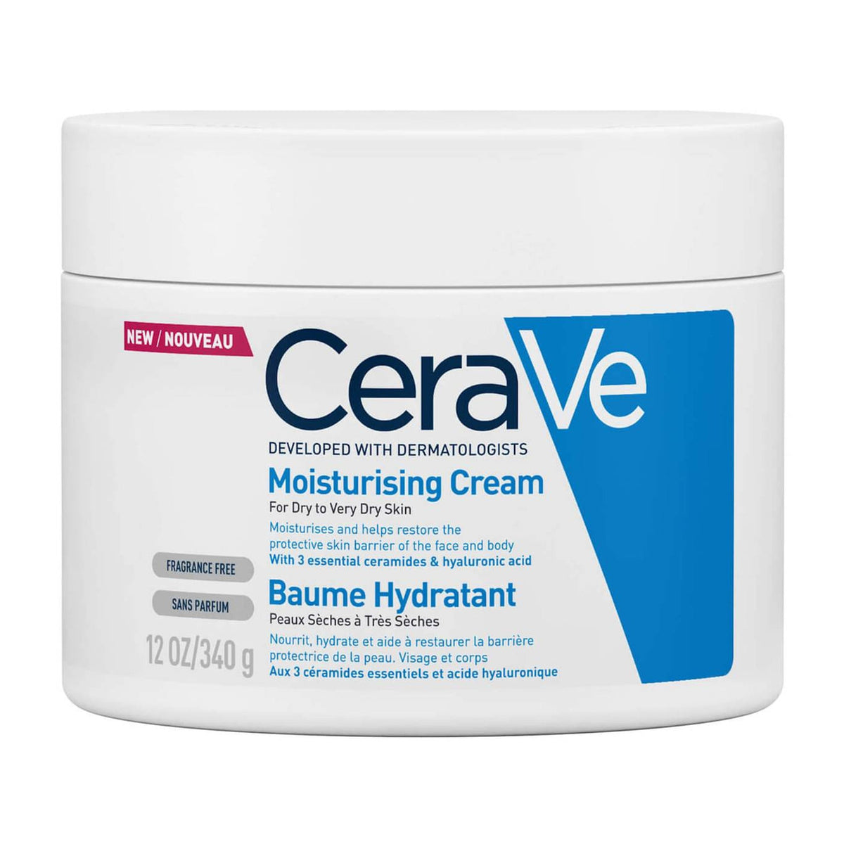 Cerave - Moisturizing Cream With 3 Essential Ceramides & Hyaluronic Acid For Dry to Very Dry Skin - 340g (France)