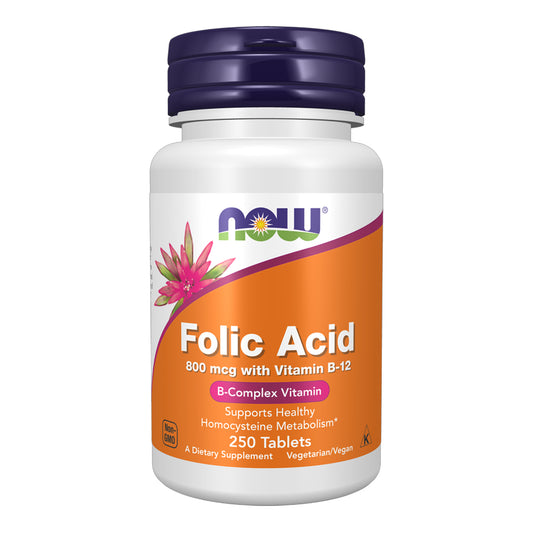 Now - Folic Acid 800mcg With Vitamin B-12 B-Complex Vitamin - 250 Tablets (USA)