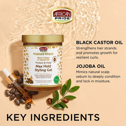 African Pride - Moisture Miracle Black Castor & Jojoba Oil Protect & Hold Max Hold Styling Gel - 510g (USA)
