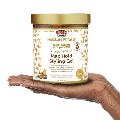 African Pride - Moisture Miracle Black Castor & Jojoba Oil Protect & Hold Max Hold Styling Gel - 510g (USA)