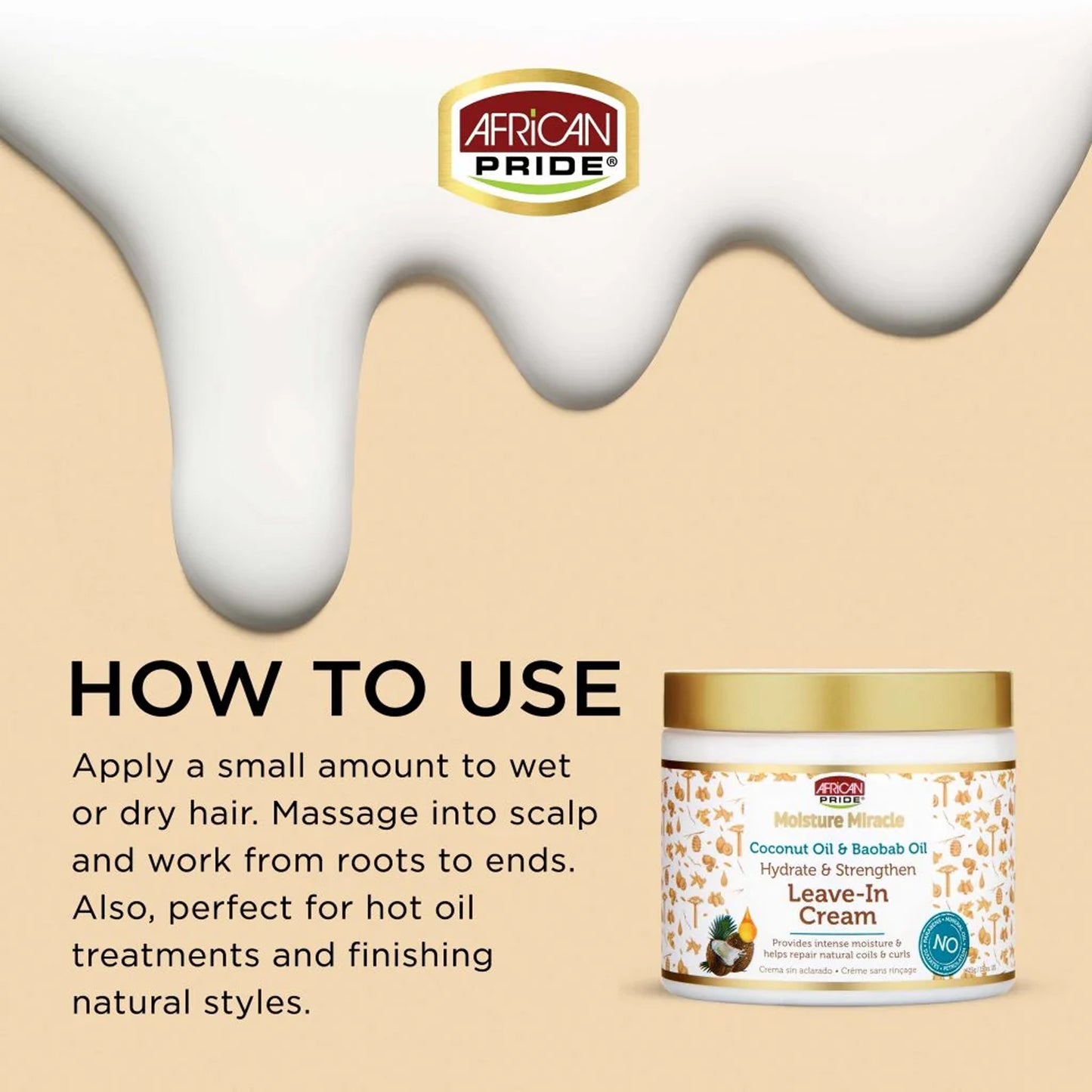 African Pride - Moisture Miracle Coconut Oil & Baobab Oil Hydrate & Strengthen Leave-In Cream - 425g (USA)