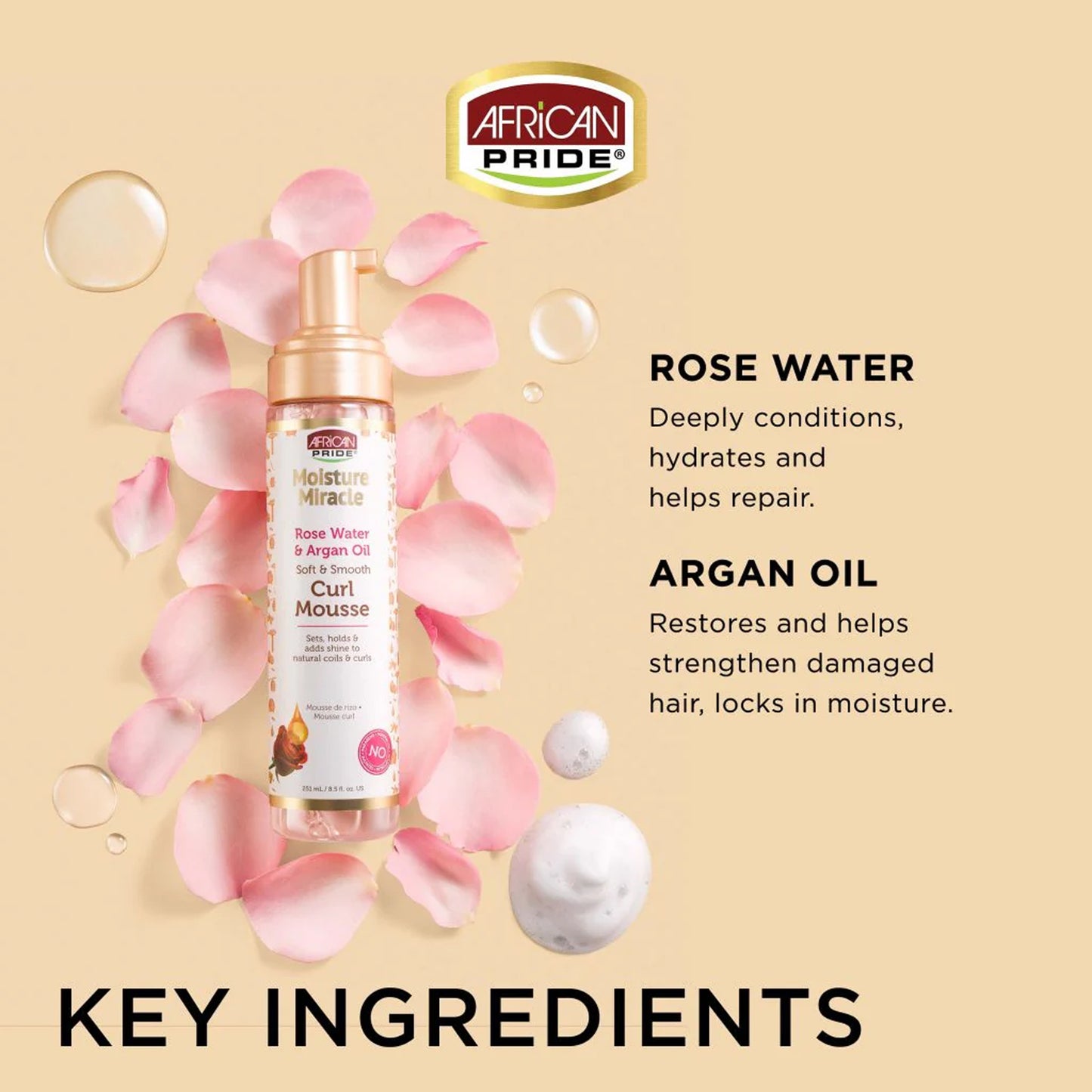African Pride - Moisture Miracle Rose Water & Argan Oil Soft & Smooth Curl Mousse - 251ml (USA)