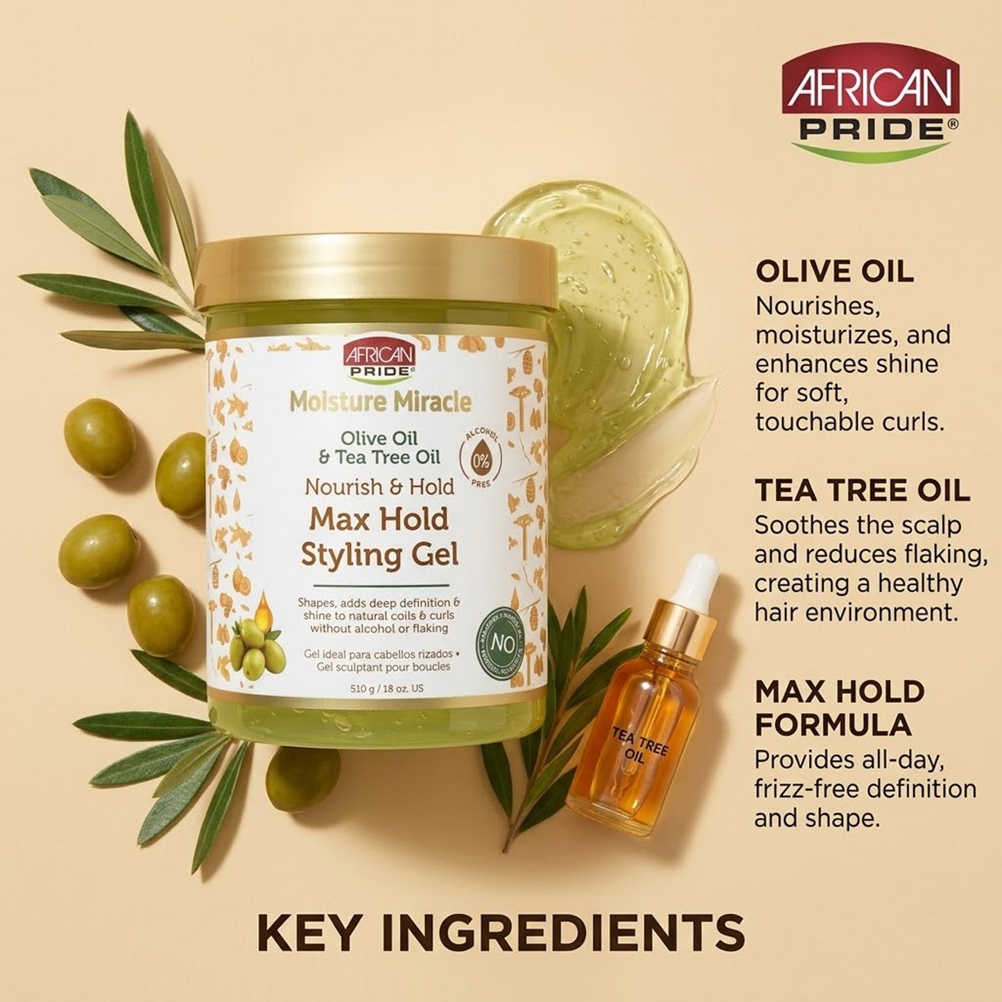 African Pride - Moisture Miracle Olive Oil & Tea Tree Oil Nourish & Hold Max Hold Styling Gel - 510g (USA)