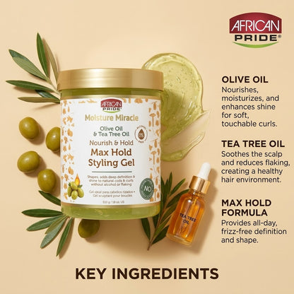 African Pride - Moisture Miracle Olive Oil & Tea Tree Oil Nourish & Hold Max Hold Styling Gel - 510g (USA)