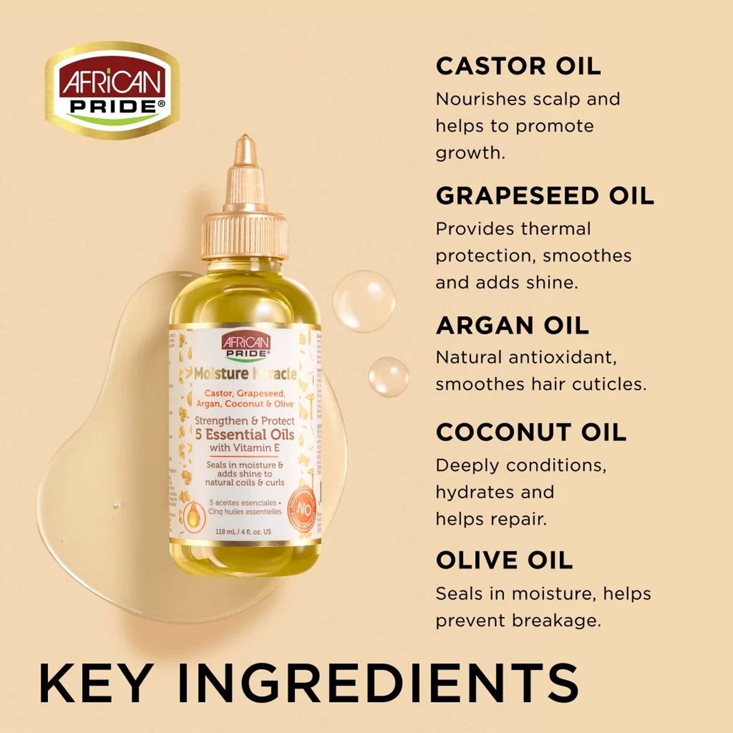 African Pride - Moisture Miracle Castor, Grapeseed, Argan, Coconut & Olive Strengthen & Protect 5 Essential Oils With Vitamin E - 118ml (USA)