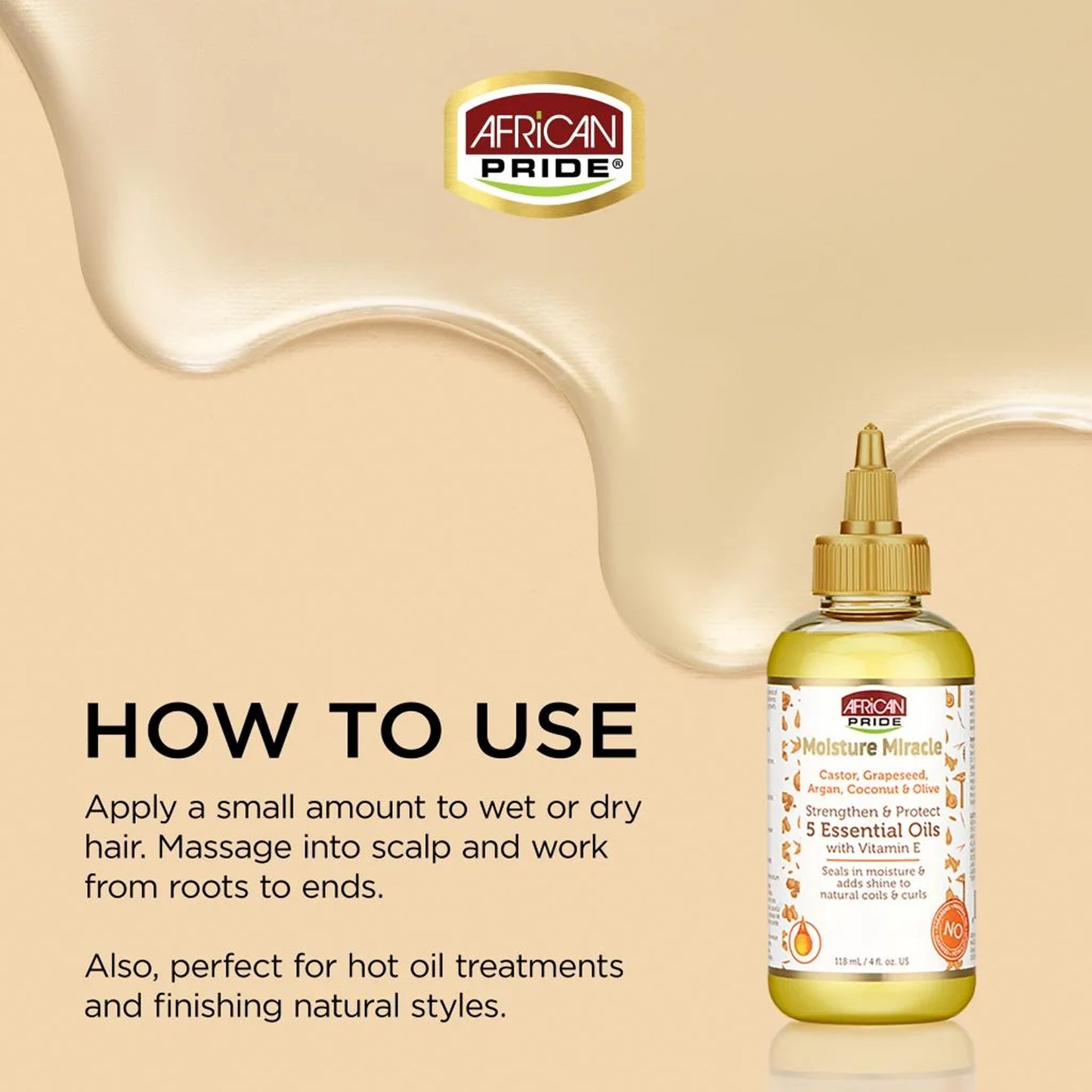 African Pride - Moisture Miracle Castor, Grapeseed, Argan, Coconut & Olive Strengthen & Protect 5 Essential Oils With Vitamin E - 118ml (USA)