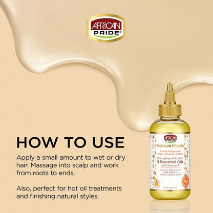 African Pride - Moisture Miracle Castor, Grapeseed, Argan, Coconut & Olive Strengthen & Protect 5 Essential Oils With Vitamin E - 118ml (USA)