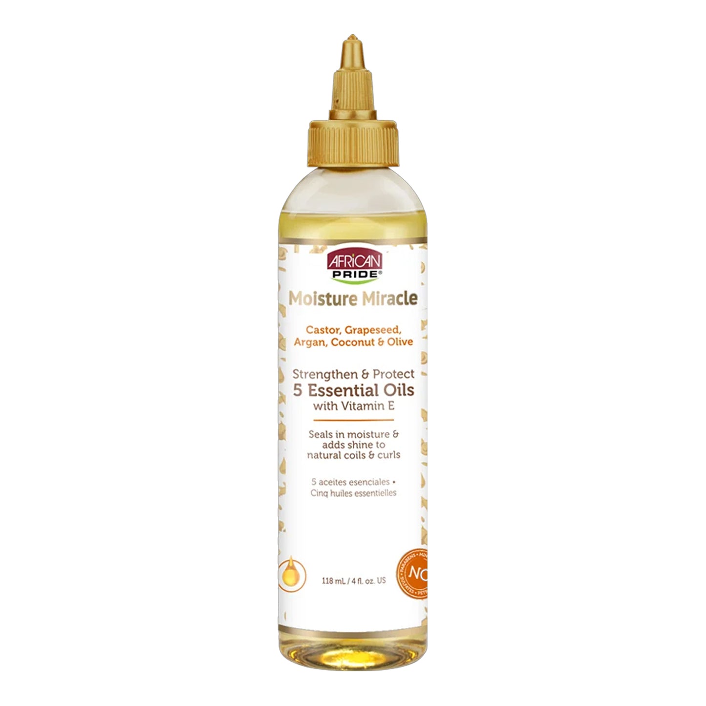African Pride - Moisture Miracle Castor, Grapeseed, Argan, Coconut & Olive Strengthen & Protect 5 Essential Oils With Vitamin E - 118ml (USA)