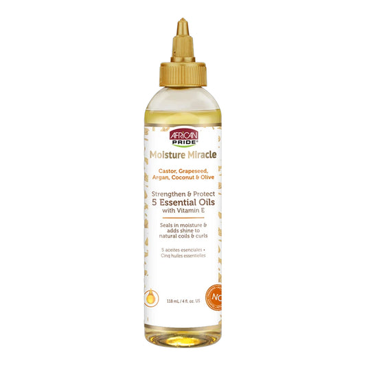 African Pride - Moisture Miracle Castor, Grapeseed, Argan, Coconut & Olive Strengthen & Protect 5 Essential Oils With Vitamin E - 118ml (USA)