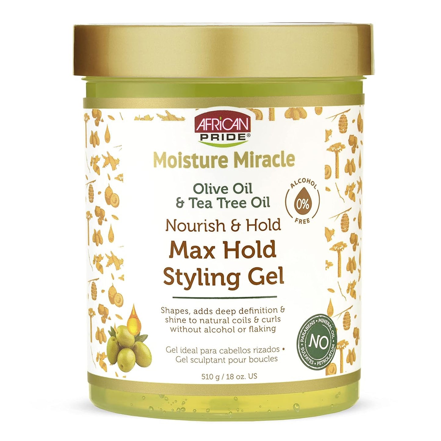 African Pride - Moisture Miracle Olive Oil & Tea Tree Oil Nourish & Hold Max Hold Styling Gel - 510g (USA)