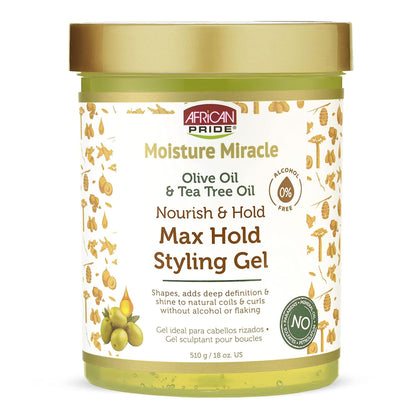 African Pride - Moisture Miracle Olive Oil & Tea Tree Oil Nourish & Hold Max Hold Styling Gel - 510g (USA)