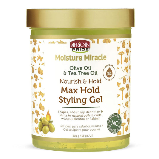 African Pride - Moisture Miracle Olive Oil & Tea Tree Oil Nourish & Hold Max Hold Styling Gel - 510g (USA)