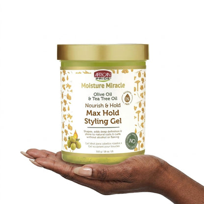 African Pride - Moisture Miracle Olive Oil & Tea Tree Oil Nourish & Hold Max Hold Styling Gel - 510g (USA)