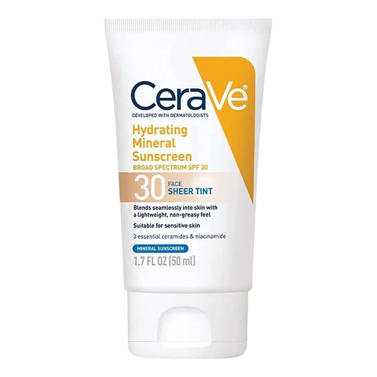 Cerave - Hydrating Mineral Sunscreen With 3 Essential Ceramides & Niacinamide For Face Sheer Tint Broad Spectrum SPF 30 Suitable For Sensitive Skin - 50ml (USA)