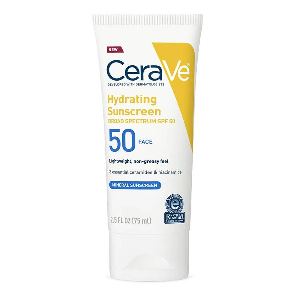 Cerave - Hydrating Mineral Sunscreen With 3 Essential Ceramides & Niacinamide For Face Broad Spectrum SPF 50 Suitable For Sensitive Skin - 75ml (USA)
