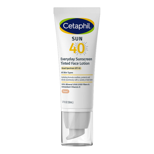 Cetaphil - Sun Everyday Sunscreen Tinted Face Lotion With 100% Mineral UVA/UVB Filters & Antioxidant Vitamin E For All Skin Types Broad Spectrum SPF 40 - 50ml (USA)
