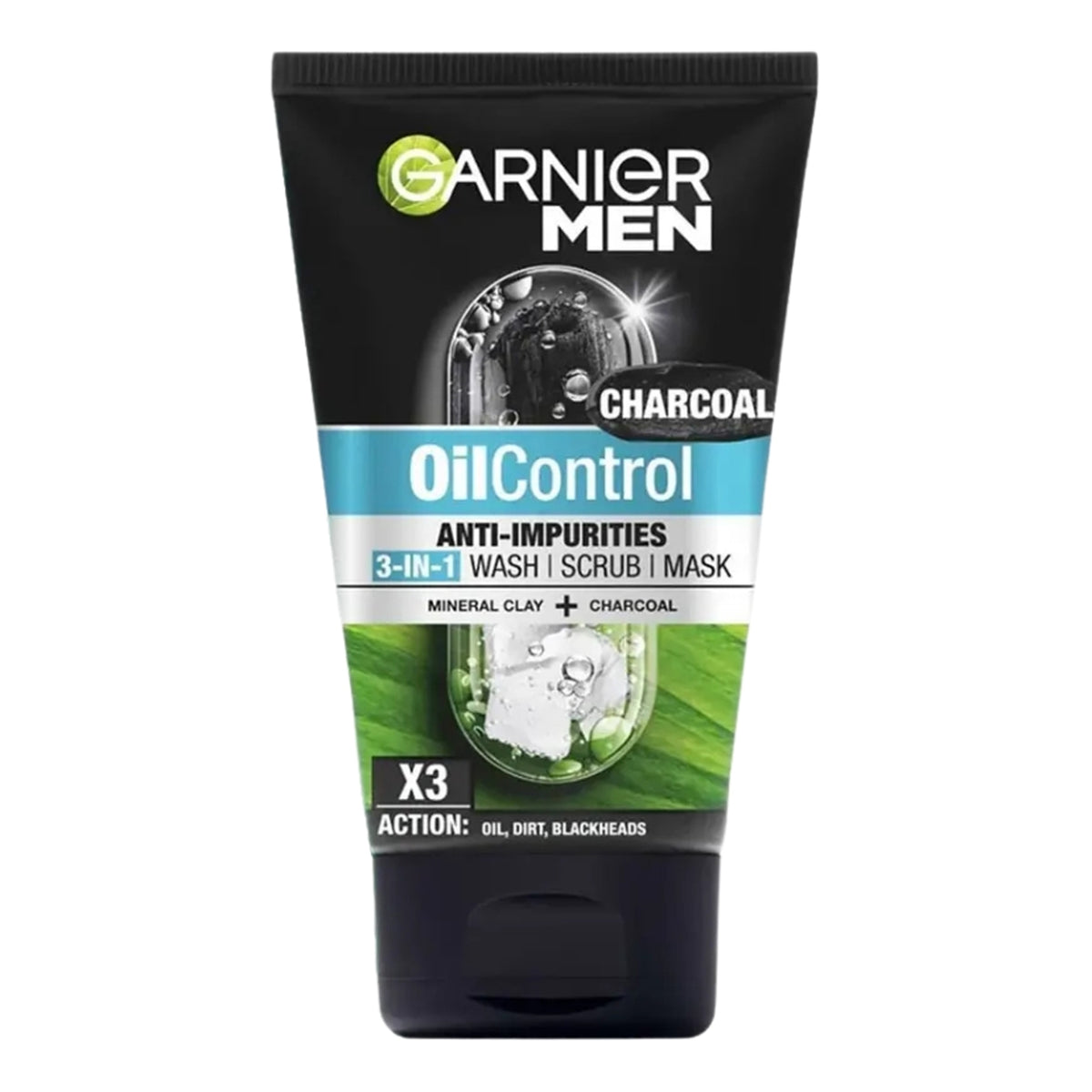 Garnier Men - Oil Control Anti-Impurities 3 In 1 Charcoal Wash, Scrub & Mask With Mineral Clay + Charcoal - 100ml (Indonesia)
