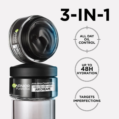Garnier - Pure Active AHA + BHA Enriched With Charcoal 3 In 1 Daily Mattifying Air Cream For Blemish-Prone Skin - 50ml (Germany)