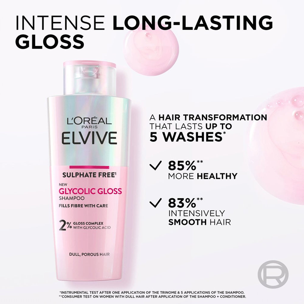 L'Oreal Paris - Elvive Glycolic Gloss Sulfate Free Care & Smoothing Shampoo With 2% Gloss Complex With Glycolic Acid For Dull, Porous Hair - 200ml (France)