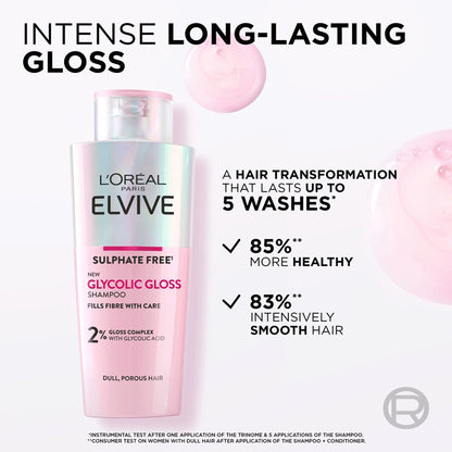 L'Oreal Paris - Elvive Glycolic Gloss Sulfate Free Care & Smoothing Shampoo With 2% Gloss Complex With Glycolic Acid For Dull, Porous Hair - 200ml (France)