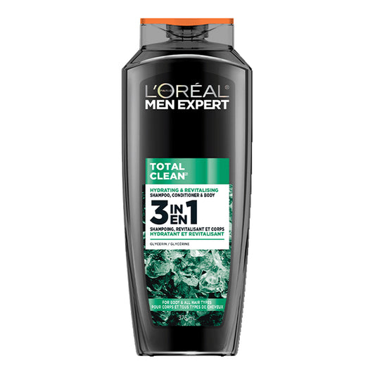 L'Oreal Paris Men Expert - Total Clean Hydrating & Revitalizing 3 In 1 Shampoo, Conditioner & Body Wash With Glycerin For Body & All Hair Types - 375ml (USA)