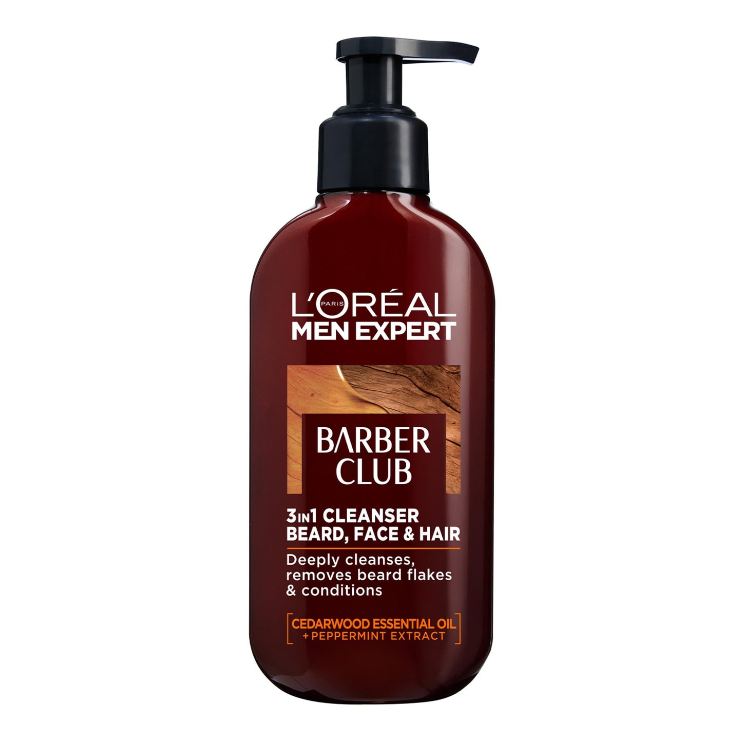 L'Oreal Paris Men Expert - Barber Club 3 In 1 Cleanser For Beard, Face & Hair With Cedarwood Essential Oil + Peppermint Extract - 200ml (Poland)