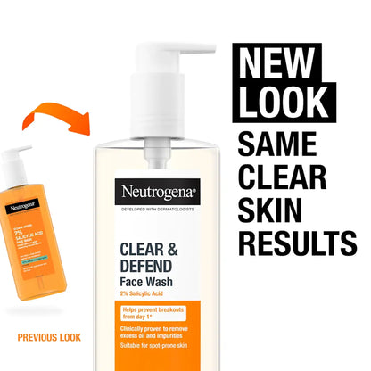 Neutrogena - Clear & Defend 2% Salicylic Acid Oil-Free Face Wash Suitable For Spot-Prone Skin - 200ml (Greece)