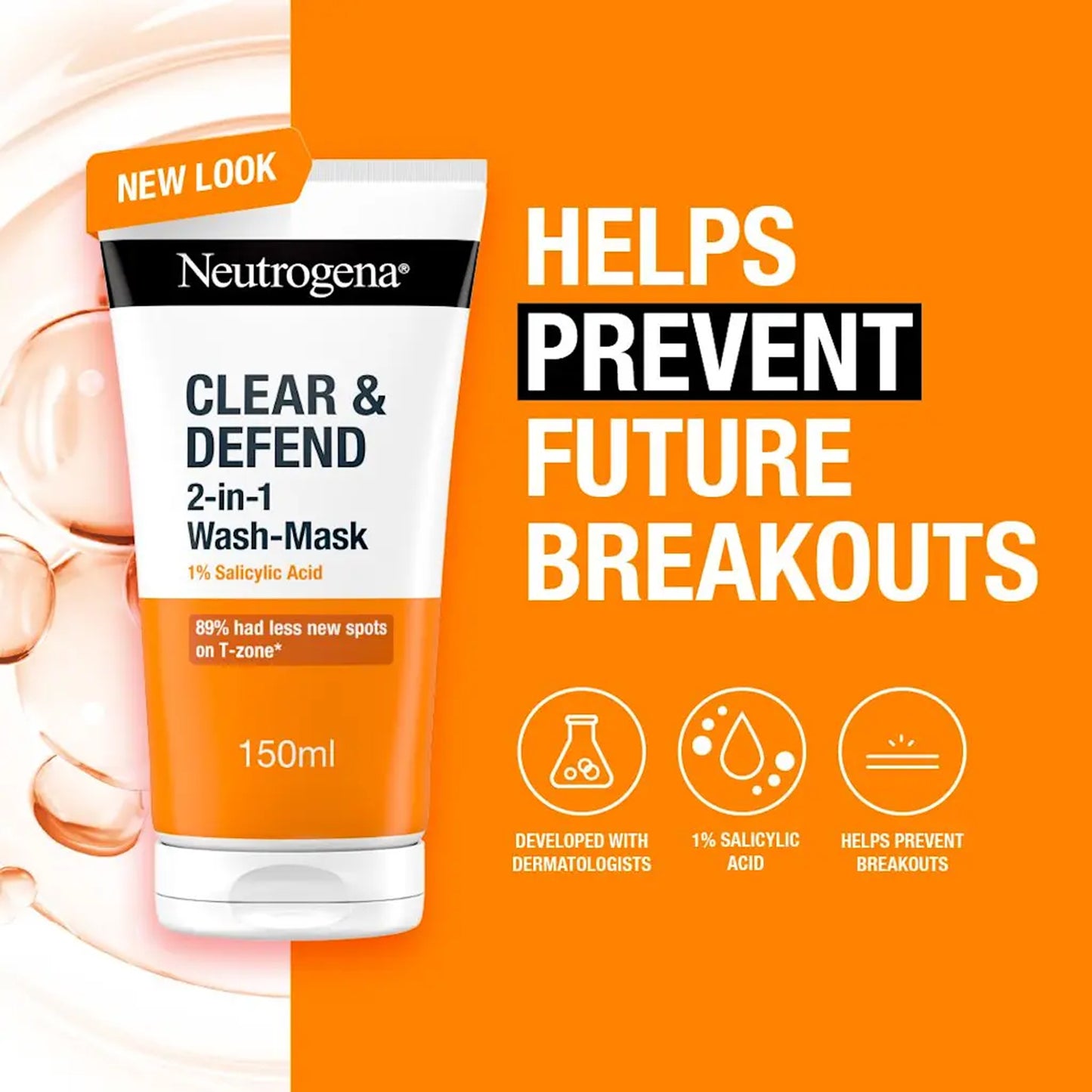 Neutrogena - Clear & Defend 1% Salicylic Acid 2 In 1 Wash-Mask Suitable For Spot-Prone Skin - 150ml (France)