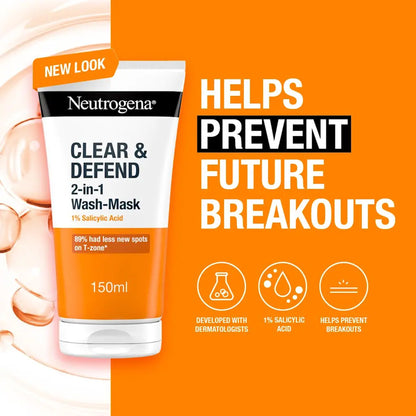 Neutrogena - Clear & Defend 1% Salicylic Acid 2 In 1 Wash-Mask Suitable For Spot-Prone Skin - 150ml (France)