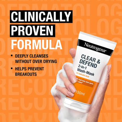 Neutrogena - Clear & Defend 1% Salicylic Acid 2 In 1 Wash-Mask Suitable For Spot-Prone Skin - 150ml (France)