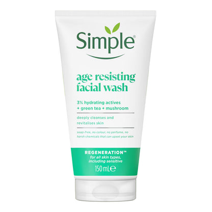 Simple - Regeneration Age Resisting Facial Wash With 3% Hydrating Actives + Green Tea + Mushroom For All Skin Types, Including Sensitive - 150ml (Poland)