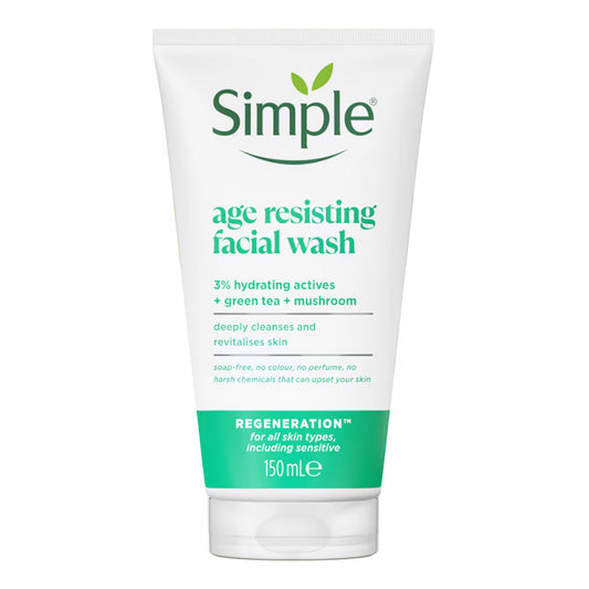 Simple - Regeneration Age Resisting Facial Wash With 3% Hydrating Actives + Green Tea + Mushroom For All Skin Types, Including Sensitive - 150ml (Poland)