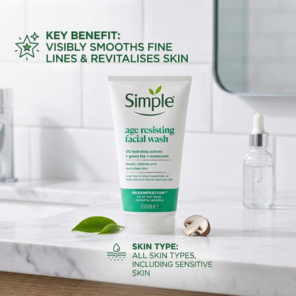 Simple - Regeneration Age Resisting Facial Wash With 3% Hydrating Actives + Green Tea + Mushroom For All Skin Types, Including Sensitive - 150ml (Poland)