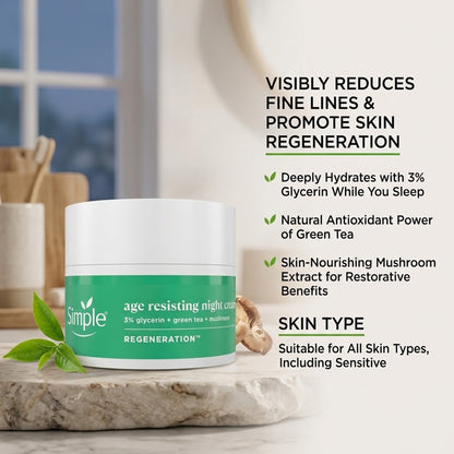 Simple - Regeneration Age Resisting Night Cream With 3% Glycerin + Green Tea + Mushroom For All Skin Types, Including Sensitive - 50ml (Hungary)