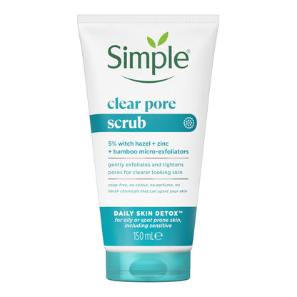 Simple - Daily Skin Detox Clear Pore Scrub With 5% Witch Hazel + Zinc + Bamboo Micro-Exfoliators For Oily Or Spot Prone Skin, Including Sensitive - 150ml (Poland)