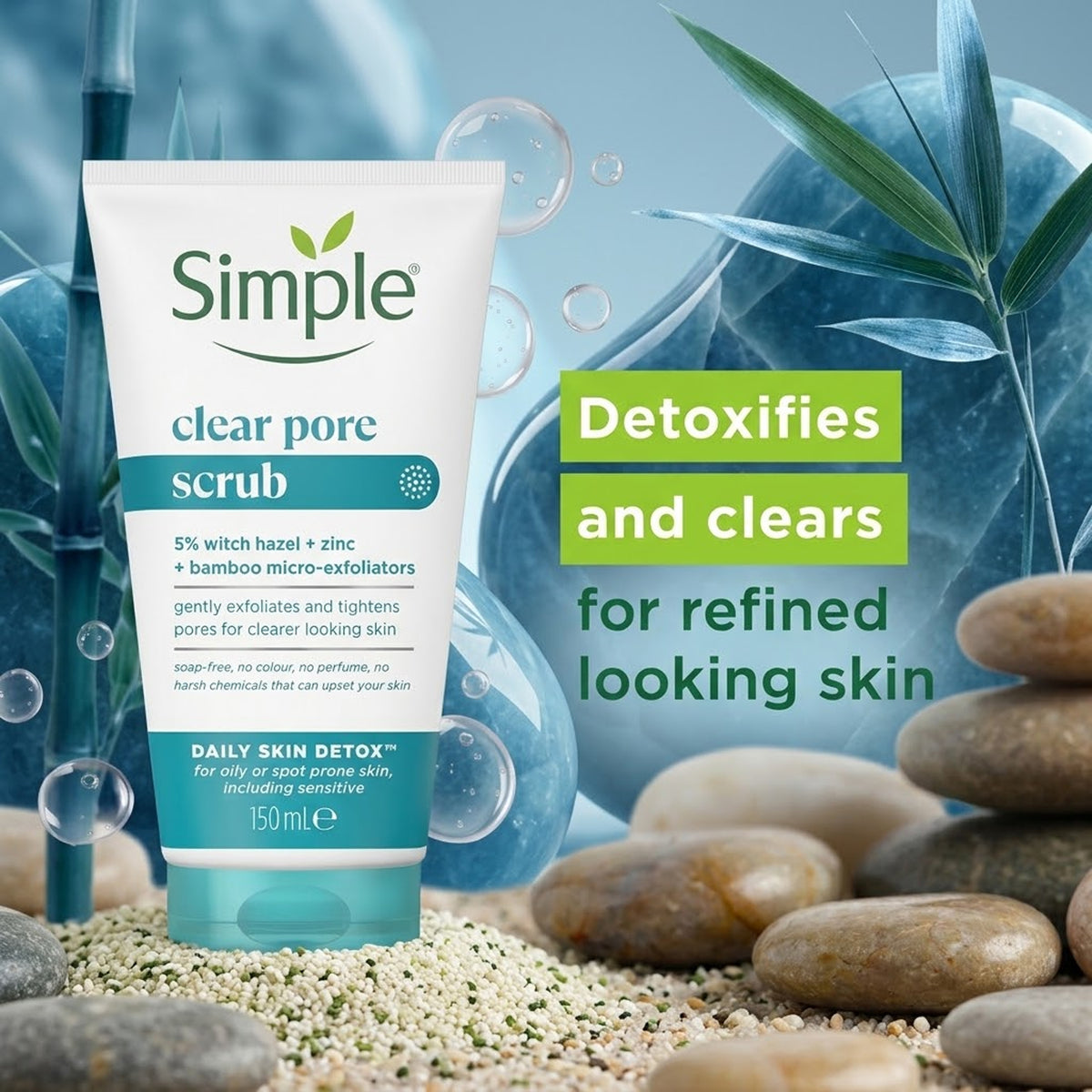 Simple - Daily Skin Detox Clear Pore Scrub With 5% Witch Hazel + Zinc + Bamboo Micro-Exfoliators For Oily Or Spot Prone Skin, Including Sensitive - 150ml (Poland)