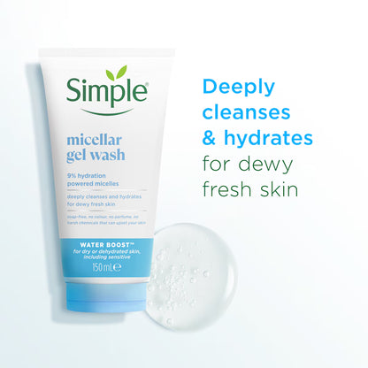 Simple - Water Boost Micellar Gel Wash With 9% Hydration Powered Micelles For Dry Or Dehydrated Skin, Including Sensitive - 150ml (Poland)